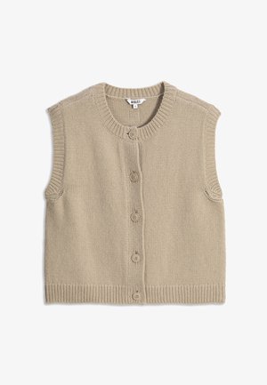 Beige gebreid mouwloos vest met vijf knopen aan de voorkant en geribbelde randen, maat small, gemaakt door Aigle.