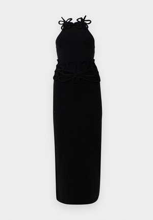 Black midi dress with halter neck, featuring decorative fabric loops at shoulders and waist, smooth texture, and a form-fitting silhouette.