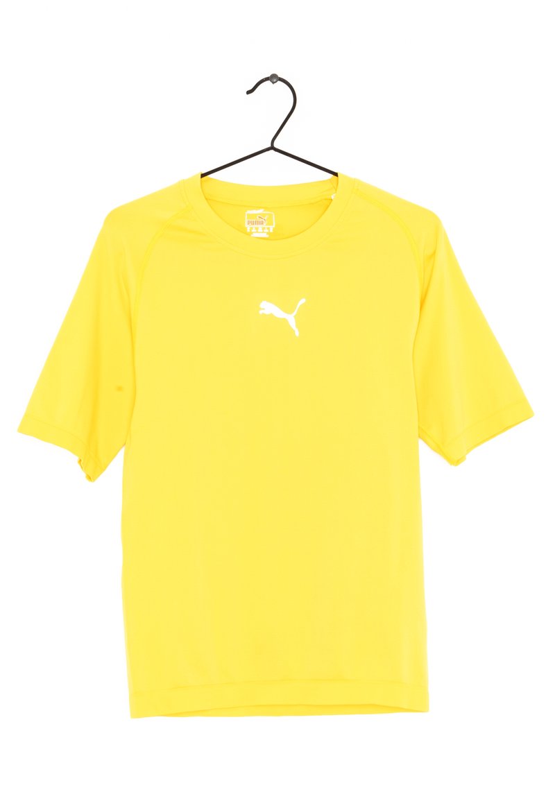 T-shirt de sport jaune à manches courtes avec un col rond et le logo Puma en blanc au centre. Fabriqué en matériau léger et respirant.