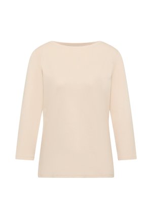Beżowa koszulka z długim rękawem wykonana z miękkiej bawełny. Posiada dekolt w kształcie łódki oraz luźny krój, z przeszytymi brzegami i bez wzorów.