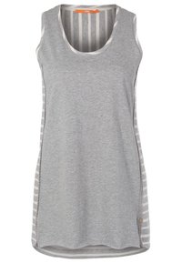 Grå ärmlös tunika med randiga sidor, tillverkad av mjukt tyg. Har en rundad halsringning och en lätt svängd fåll.