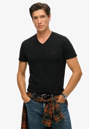Superdry & Co, EMBROIDERED LOGO V NECK - T-shirt basique - black
