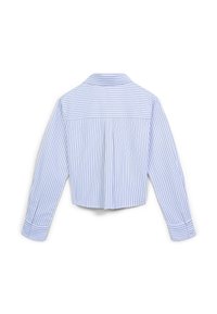 Chemise courte rayée bleu et blanc, dotée de manches longues, d'un col et d'un dos plissé avec des poignets boutonnés. Texture de tissu lisse.