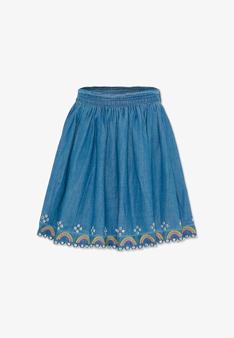 Jupe en jean avec une ceinture froncée, ornée d'une broderie arc-en-ciel multicolore et de motifs floraux le long de l'ourlet.