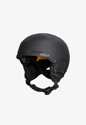 Czarny kask narciarski Roxy o matowym wykończeniu, żółte wnętrze, regulowane paski, osłony na uszy oraz otwory wentylacyjne dla lepszego przepływu powietrza.