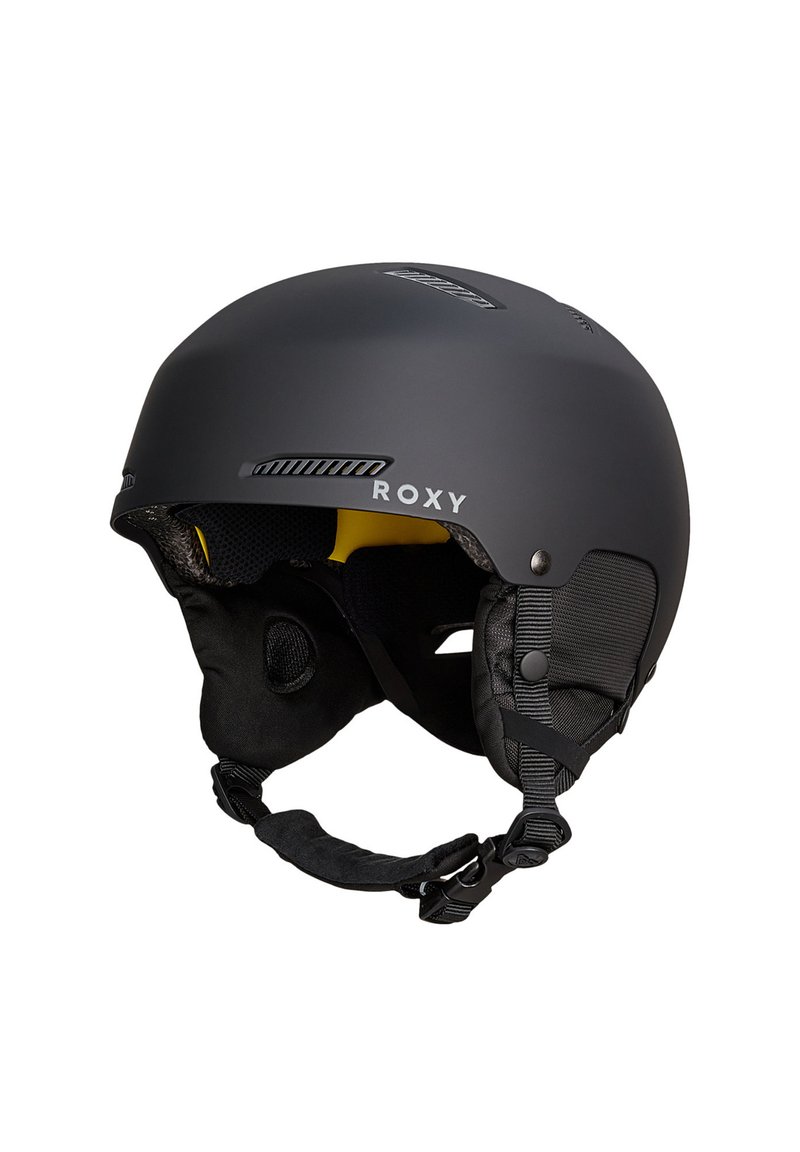 Czarny kask narciarski Roxy o matowym wykończeniu, żółte wnętrze, regulowane paski, osłony na uszy oraz otwory wentylacyjne dla lepszego przepływu powietrza.
