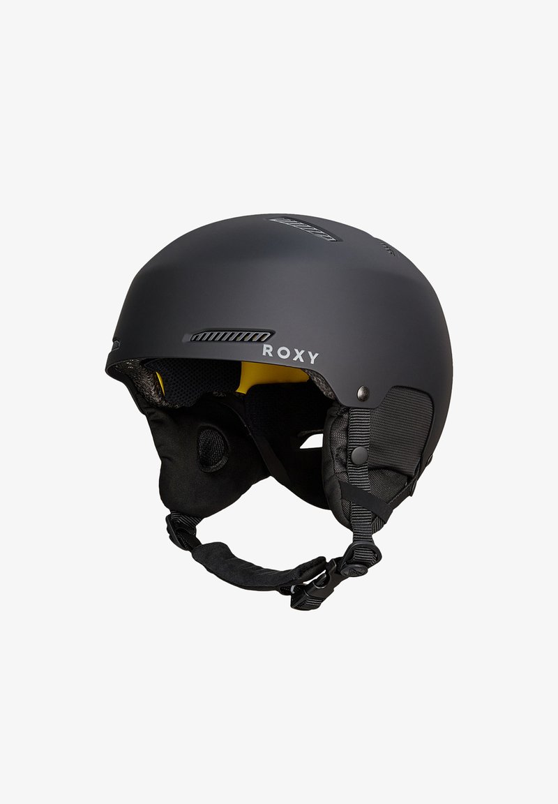 Czarny kask narciarski Roxy o matowym wykończeniu, żółte wnętrze, regulowane paski, osłony na uszy oraz otwory wentylacyjne dla lepszego przepływu powietrza.