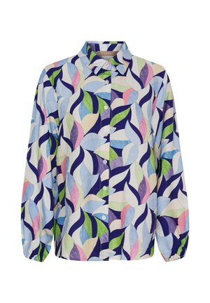 Langærmet skjorte med knapper og spids krave, med et farverigt abstrakt bladmønster i blå, grønne, lyserøde, lilla og beige nuancer.