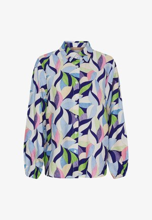 Langærmet skjorte med knapper og spids krave, med et farverigt abstrakt bladmønster i blå, grønne, lyserøde, lilla og beige nuancer.