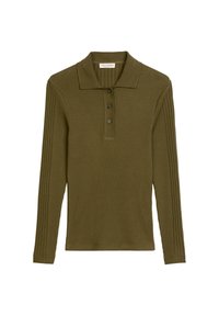 Olijfgroen polo-shirt met lange mouwen, gemaakt van ribstof, met een kraag, een drie-knopen sluiting en gestructureerde zijpanelen.