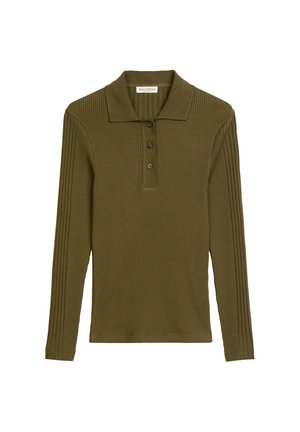 Olijfgroen polo-shirt met lange mouwen, gemaakt van ribstof, met een kraag, een drie-knopen sluiting en gestructureerde zijpanelen.
