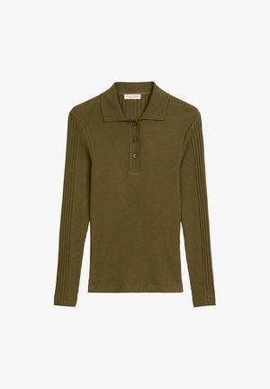 Olivenfarbendes Langarm-Polohemd aus geripptem Stoff, mit Kragen, einer Drei-Knopf-Leiste und strukturierten Seitenpaneelen.