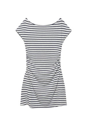 Kurzärmeliges, knielanges Kleid mit horizontalen navyblauen und weißen Streifen, gerafften Seiten und weitem Bootsausschnitt.