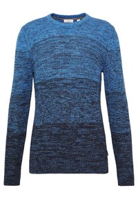 Pull en tricot avec un dégradé de bleu passant d'un bleu clair en haut à un bleu foncé en bas ; col rond et manches longues.