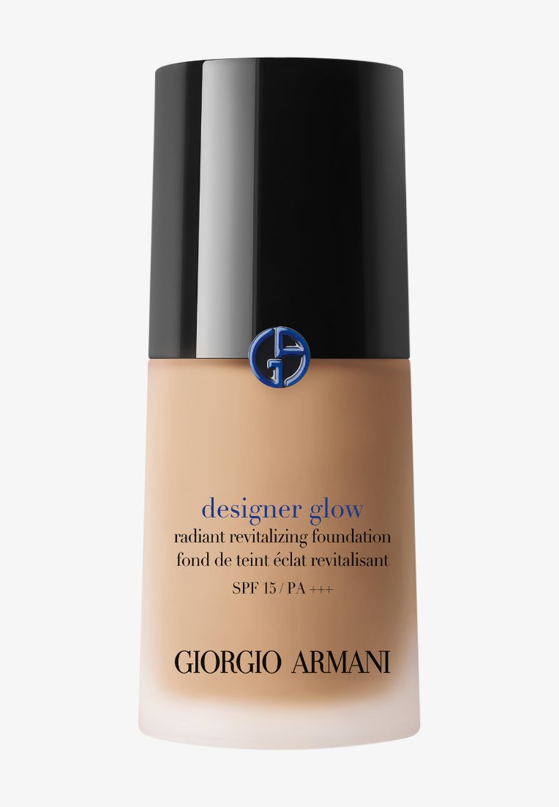 Flacon de fond de teint revitalisant éclatant Giorgio Armani Designer Glow avec bouchon noir et protection SPF 15.