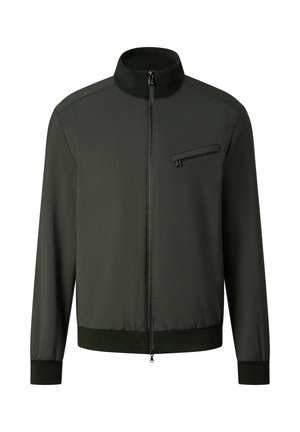 Tmavě zelená bunda na zip s vysokým límcem, zipovou kapsou na levé straně na hrudi a žebrovanými manžetami a lemem.