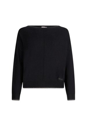 Maglione nero corto con maniche lunghe, collo rotondo e dettaglio metallico all'orlo. Presenta un design semplice e pulito con una cucitura centrale.