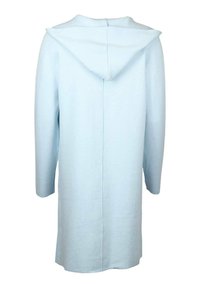 Helleblaue lange Jacke mit Kapuze, aus weichem Material, mit geradem Schnitt, langen Ärmeln und einer Mittelnaht hinten.