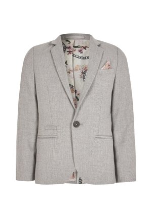 Blazer gris clair texturé avec fermeture à un bouton, revers en cranté, poches avant, doublure intérieure à motif chaîne florale et pochette assortie.