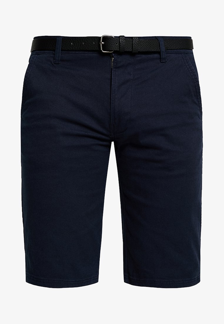 Marineblå shortser laget av bomullsblanding, med glidelås, frontlommer og et svart lærbelte med metalspenne.