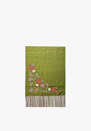Green fabric shawl with floral embroidery in red, pink, and purple along one corner and long fringe trim on one edge.