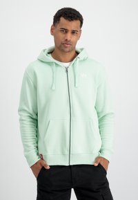Felpa con zip di colore verde menta chiaro realizzata in morbido tessuto. Presenta una tasca frontale, coulisse e un piccolo logo bianco sul petto.