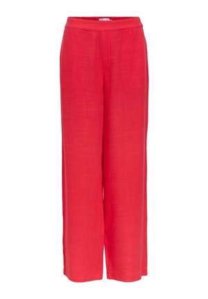 Pantalon large rouge vif avec une taille haute élastique et des détails simples de coutures, fabriqué en tissu léger.