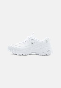 White athletic sneakers with textured synthetic upper, rounded toe, lace-up design, cushioned sole, and patterned traction outsole.