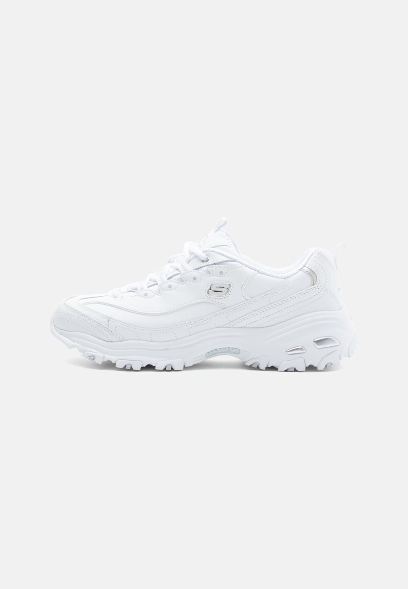 White athletic sneakers with textured synthetic upper, rounded toe, lace-up design, cushioned sole, and patterned traction outsole.