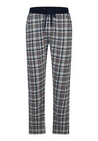 Pantaloni da pigiama a quadretti con vita regolabile, realizzati in morbido tessuto, con motivo a quadretti nei colori blu navy, rosso e beige.
