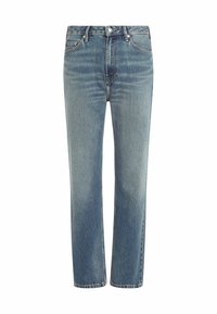 Vaqueros de mezclilla azul claro con corte recto, cinco bolsillos y cierre frontal con botones. Presentan un desgaste sutil y están confeccionados con un resistente material de algodón.