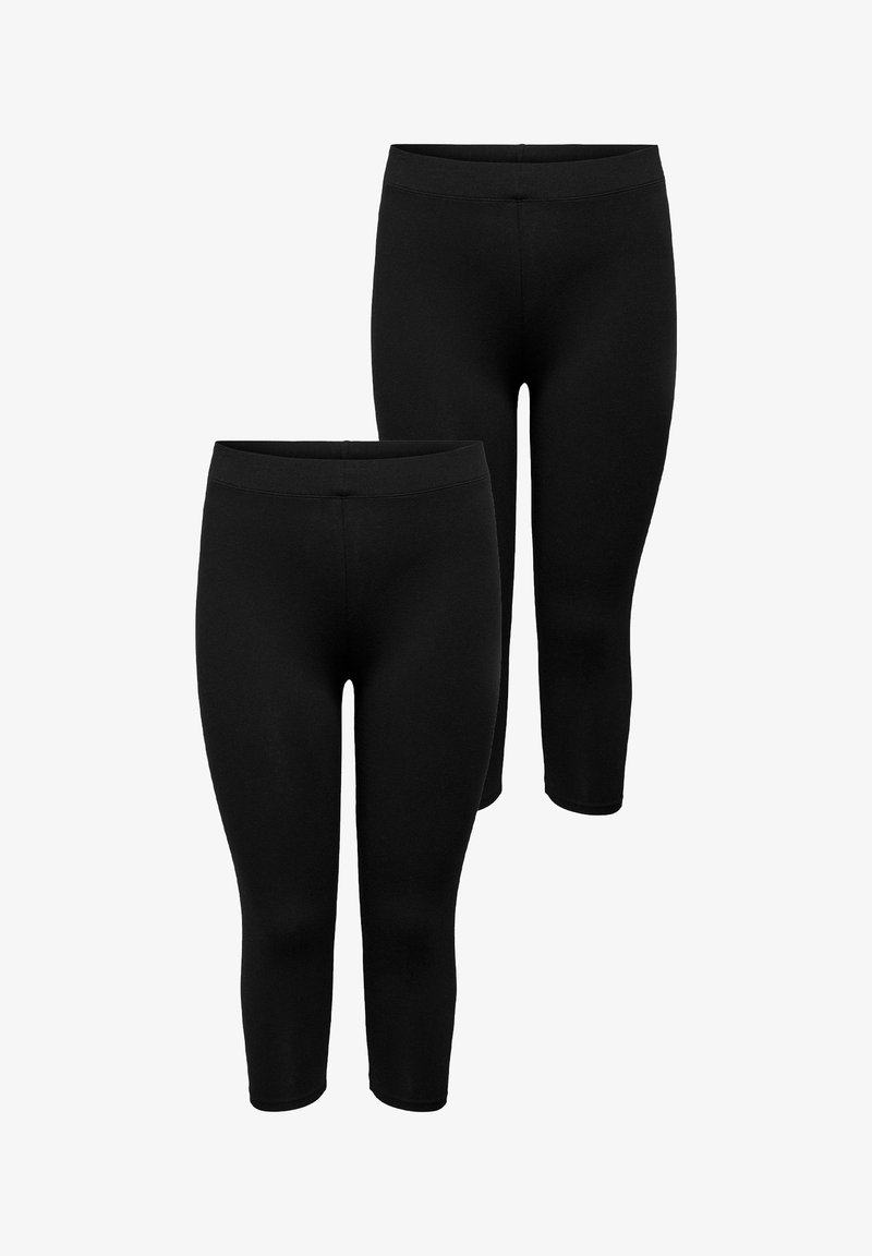 Black leggings featuring a smooth, stretchy fabric, mid-calf length, and a wide, elastic waistband for added comfort and fit.