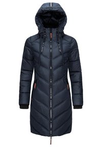 Marineblauwe pufferjas met een ritssluiting aan de voorkant, chevrondesign, toggledop en zijzakken met bruine accenten. Ribgebreide manchetten maken de look compleet.