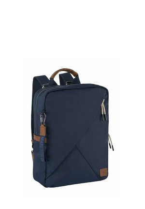 Dunkelblauer rechteckiger Rucksack mit braunem Ledergriff und Akzenten, zwei diagonalen Reißverschlusstaschen vorne und verstellbaren Schultergurten.