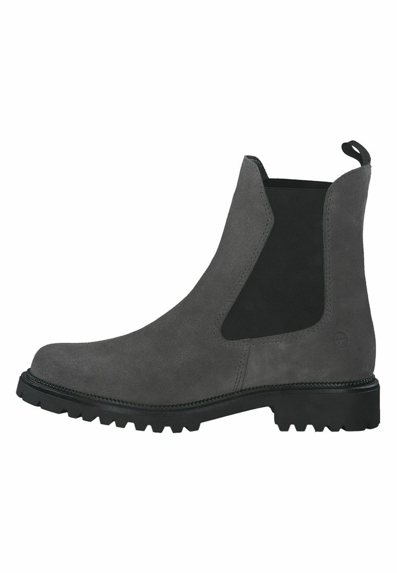 Stivaletti alla caviglia in suede grigio con un pannello laterale in elastico nero e suola in gomma testurizzata, dotati di una linguetta sul retro per una facile calzata.