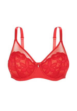 Soutien-gorge en dentelle rouge avec broderie florale, bretelles réglables, armatures et un petit nœud décoratif avec un charm au centre devant.