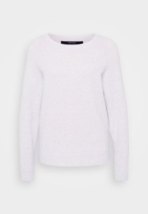 Sweater lilás claro, textura suave, decote redondo, mangas longas, punhos e bainha canelados. Design simples, sem padrões ou detalhes.