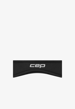 Black headband made of soft material, featuring a curved design and reflective "cep" logo at the center. Textured finish for grip.
