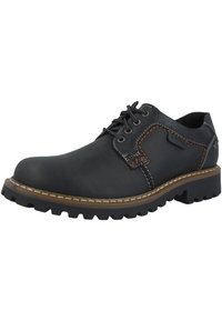 Chaussure noire en cuir à lacets avec des accents de couture orange, bout rond, semelle noire robuste et texture lisse. Talon renforcé pour la durabilité.