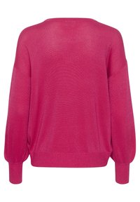 Pull surdimensionné fuchsia en maille avec manches chauve-souris, doté d'un large col et de poignets côtelés. Tissu doux et léger avec un léger scintillement.