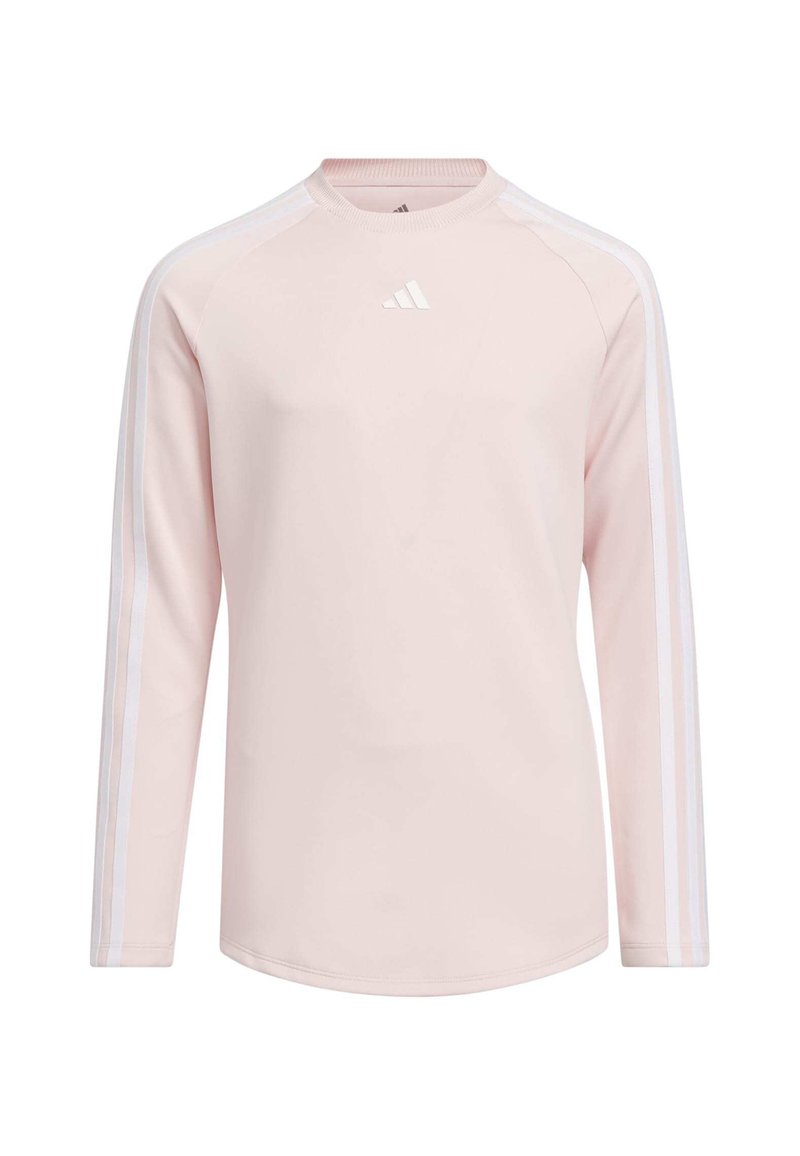 Light pink long-sleeve sports top with white three-stripe design on sleeves and a white logo on the chest. Smooth, stretchy fabric.
