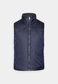 Colete azul-marinho acolchoado com gola alta, fecho frontal completo com rÃ³tula e bolsos laterais. Textura lisa com material leve e isolante.