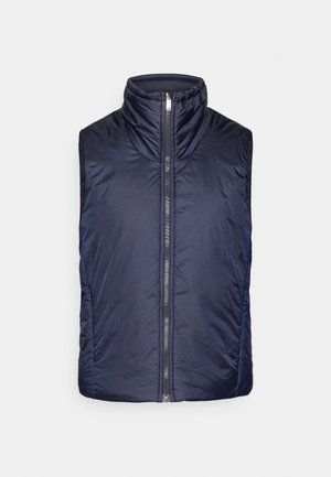 Navy blue padded vest with high collar, full front zipper, and side pockets. Smooth texture with lightweight, insulating material.