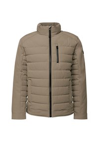 Chaqueta acolchada naranja con cuello alto, detalles de costura vertical, bolsillo en el pecho con cremallera y cierre frontal con cremallera. Tejido liso y texturizado.