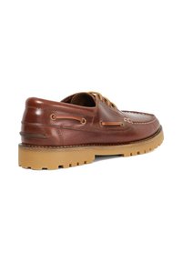 Brown leather boat shoe with a stitched design, round toe, and two eyelets. Features a textured, light brown rubber sole.