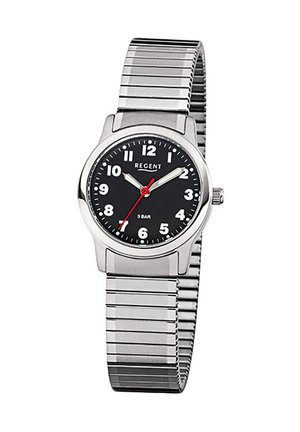 Silver analog wristwatch with black face, white numbers, silver hour and minute hands, red second hand, and flexible metal band.