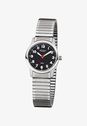 Montre-bracelet analogique argentée avec cadran noir, chiffres blancs, aiguilles des heures et des minutes argentées, aiguille des secondes rouge, et bracelet en métal flexible.