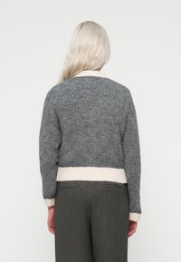 Gray knitted sweater with a cropped design, cream ribbed hem, and soft texture. Features a rounded neckline and long sleeves.
