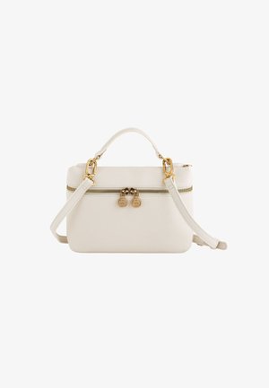 White leather handbag with a textured finish, gold hardware accents, top handle, and detachable shoulder strap. Zipper closure at top.