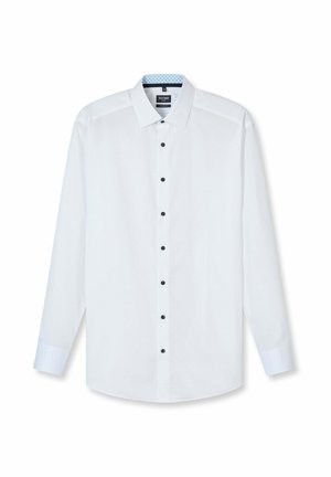 Wit herenenoverhemd met lange mouwen, zwarte knopen en lichtblauw patroon aan de binnenkant van de kraag, moderne pasvorm, formele stijl.